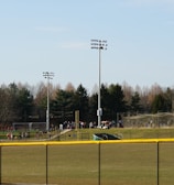 A sports field with a group of people engaging in athletic activities in the background. There is sports equipment like a soccer goal and a scoreboard visible. A chain-link fence runs across the foreground, and a statue or sculpture resembling an eagle is also seen. Trees and tall floodlights are positioned behind the field.