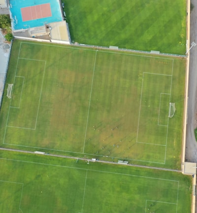 An aerial view of a sports complex featuring multiple green grass fields, including football pitches with marked goalposts. Adjacent to the fields is a blue-roofed building and a smaller area with a tennis or basketball court. Surrounding the complex, there's a road lined with trees and a dirt area with sparse vegetation.